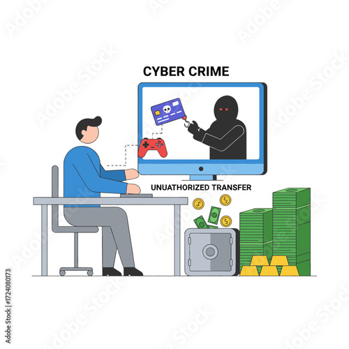 Flat illustration concept of an internet cyber scammer, isolated on a white background