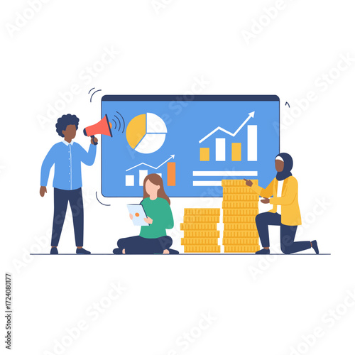 A flat concept team of specialists focused on developing a landing page for digital marketing strategy, covering digital marketing and digital technologies concepts