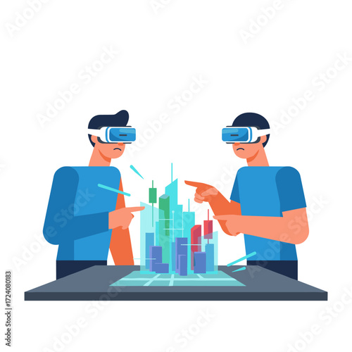 Male and female architects wearing AR headsets collaborate on a 3D city model, depicted in a flat illustration set against a white background