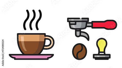 Espresso Coffee, Coffee Beans, Coffee Maker, Cafe, Barista, Coffee Shop, Hot Drink, Flatlay, Minimalist Icon, Vector Illustration