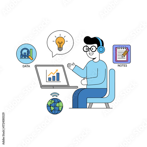 Flat illustration of a boy attending online lectures, isolated on a white background