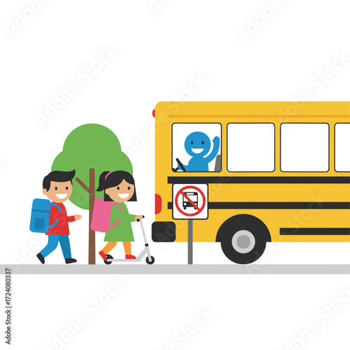 Students travel to school by school bus, illustrated on a white background