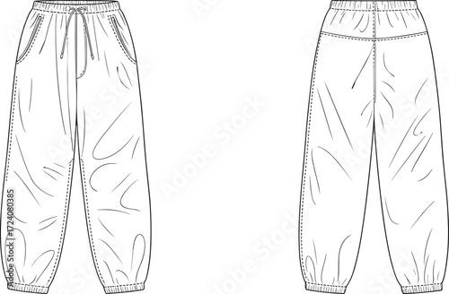 Women’s jogger pants flat sketch with elastic waistband, side pockets, cuffed hem casual trousers fashion cad, clothing technical drawing vector template design