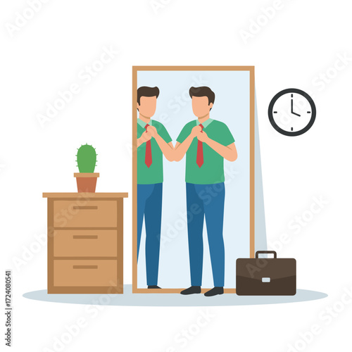 Illustration concept of a man preparing for the office, depicted as a flat illustration set against a white background