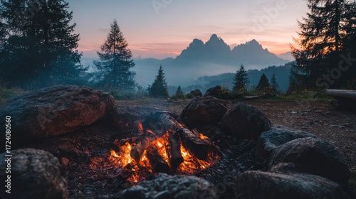 Campfire at sunset, mountains in the background