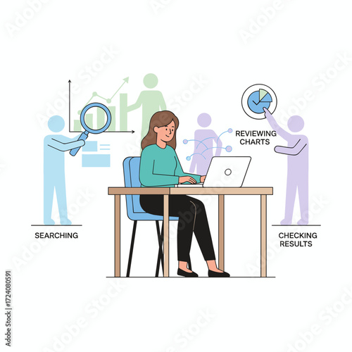 A girl searching for  market information, illustrated as a vector concept