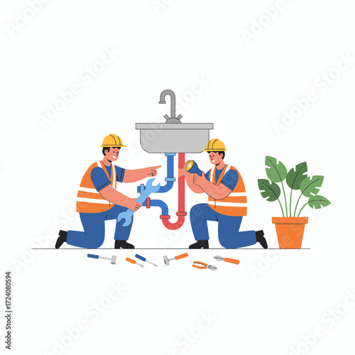 Illustration concept of plumber workers at home, presented as a flat illustration on a white background