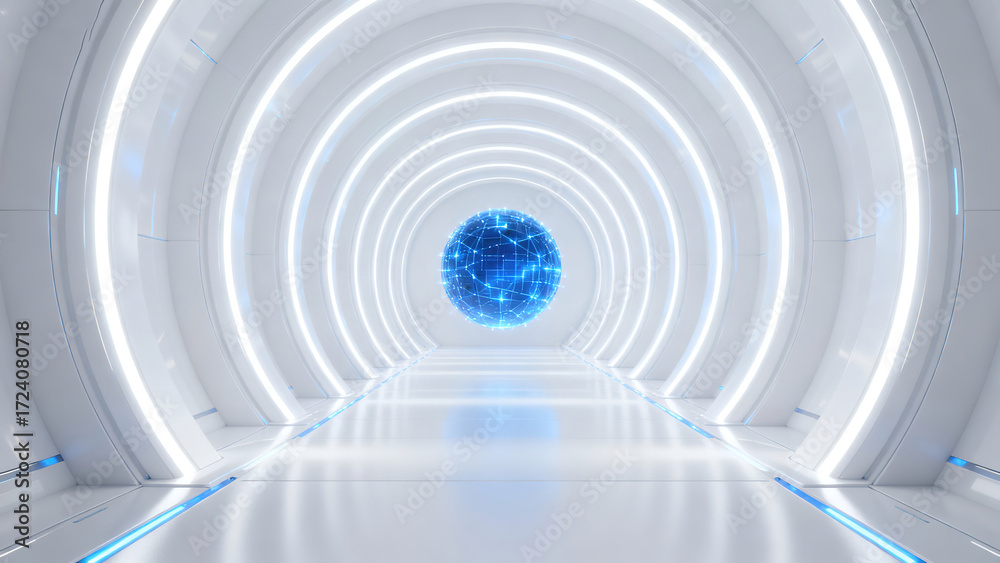 Obraz premium Futuristic White Circular Tunnel with Blue Ball