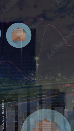 Animation of email icons and data processing over cityscape