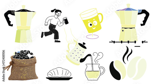 Coffee Time Cute Line Art Illustrations Set