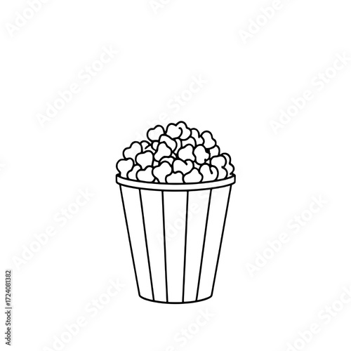 Single Line Art Icon: Popcorn in a Striped Bucket on White Background