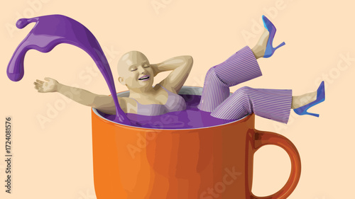 Joyful Bald Woman Relaxing in Purple Paint-Filled Mug