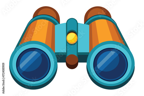 Cartoon binocular features blue frames and an orange body with a white background