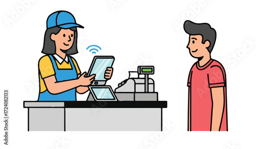 A cashier using a tablet to serve a customer at a checkout counter in a store.