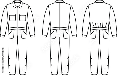 Technical coverall flat sketch with zipper front, chest pockets, waistband, long sleeves, back elastic detail, vector cad drawing, workwear uniform fashion template illustration