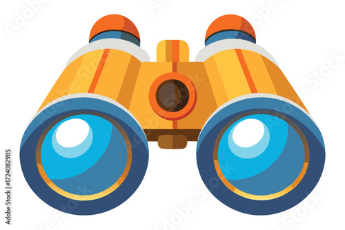 Cartoon binoculars appear ready for exploration, featuring orange, yellow, and blue coloring