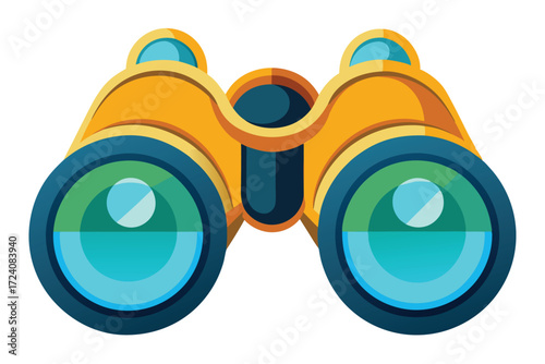 Golden binoculars showcase blue and green gradient lenses on the white background