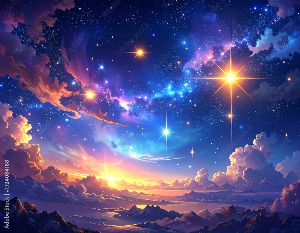 Fototapeta premium A vibrant, stylized celestial landscape