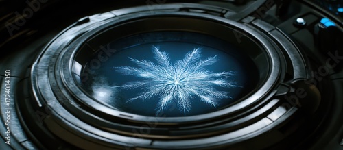 Close up of a camera lens on black background