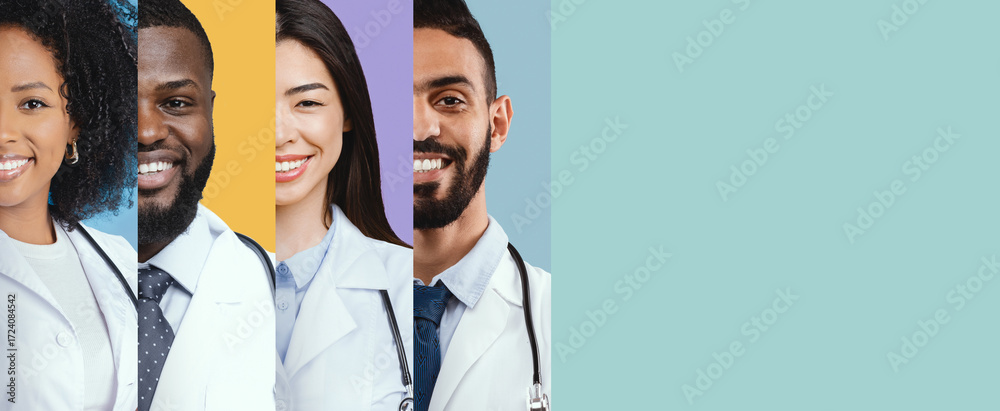 Obraz premium A collage features a diverse group of healthcare professionals including an Asian woman and a Black man. They are dressed in medical coats, showcasing their commitment to providing care and expertise.