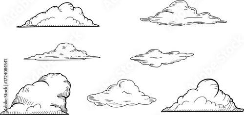 Fluffy cumulus clouds sketched on white weather atmospheric