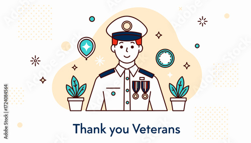 Honorable veteran in uniform with medals in light background, minimalist flat vector style  