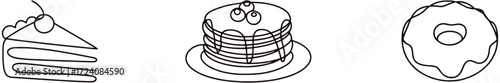 Format: Title: Minimalist line art of cake pancakes and donut slice stack