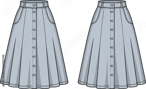 Denim skirt flat sketch with front buttons, high waist flared design, pockets, fashion cad drawing, vector apparel template, technical clothing illustration for garment design