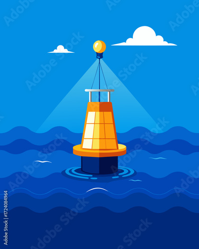 Amidst the vast expanse of blue ocean a bright orange buoy draws attention with its solarpowered flashing light indicating hidden hazards beneath the surface.. Vector illustration