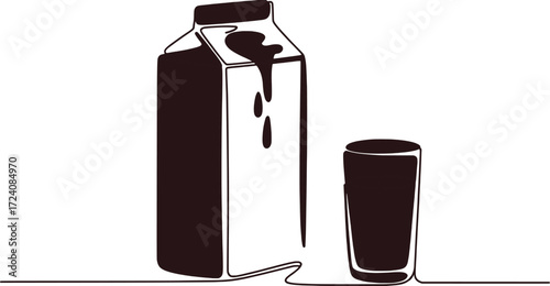 Minimalist dark brown milk carton and glass pouring liquid beverage