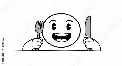 Cartoon face holding a fork and knife ready to eat with anticipation and a smile on a white background