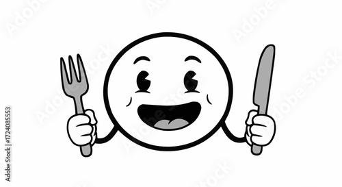 Cartoon character with a round face holding a fork and knife ready to eat with a big smile on its face