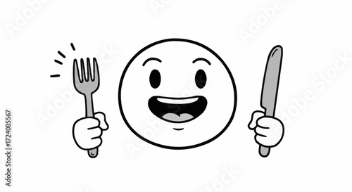 Cartoon face with hands holding a fork and knife ready to eat with happy expression on a white background
