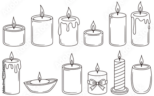 Various burning candles with dripping wax and decorative elements flame