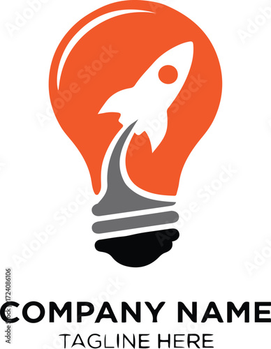 Vector art of innovation logo featuring a rocket launching from a light bulb, symbolizing creativity, ideas, and progress