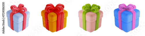A row of four colorful fluffy gift boxes with bows in a studio shot on transparent background