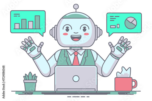 Happy cartoon robot assistant presents business growth data with enthusiasm