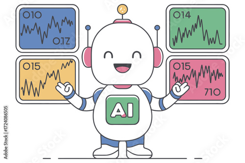 Cheerful ai robot demonstrates financial market data analysis with stock charts