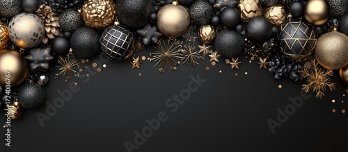 Golden Christmas balls decoration on black background