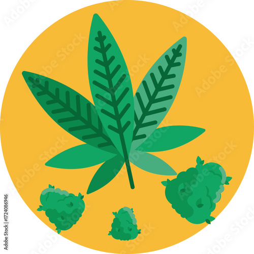 A stylized cannabis plant with multiple leaves.
