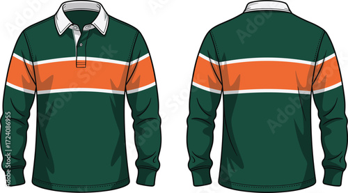 Green rugby shirt with orange chest stripe, long sleeve rugby top, button placket shirt design, vector flat sketch, fashion cad clothing illustration template