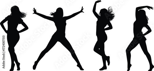 Dance silhouette, female dancer poses, black figure art, expressive movement, modern choreography, vector illustration, artistic posture, minimal design, clipart