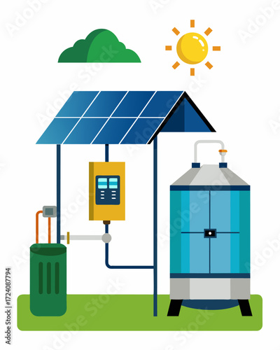 A solarpowered filtration kit for humanitarian organizations assisting in disaster zones and refugee camps.. Vector illustration