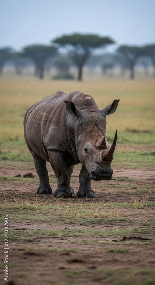 Obraz premium Majestic Rhino in Natural Habitat A Stunning Portrait of a White Rhinoceros in the African Savannah, Showcasing its Powerful Presence and Natural Beauty