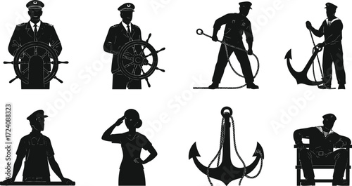 Ship captain, sailor crew, maritime workers, anchor control, navy officer, steering wheel, seafarer silhouettes, marine profession, nautical symbols, ocean transportation staff