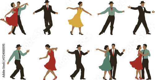 Stylized dancing couples and solo dancers, vibrant motion poses, formal attire, expressive movement, retro dance illustration, artistic rhythm