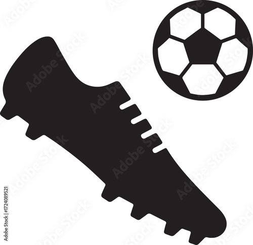 Soccer Boot with Football Ball Silhouette Vector Icon, Black Sports Symbol for Soccer Game, Football Match, Training, Athletic Footwear, Team Sport Logo Design Isolated on White Background