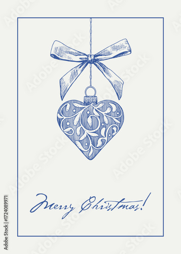 Vintage illustration Marry Christmas toy heart with bow. Blue beige. Hand drawn, single element. Vector background for design holiday decor, decoration, greeting card, cover, poster. Minimalism