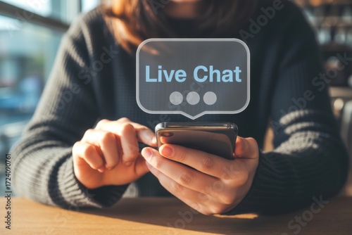 Live Chat Connection: A person's hand gracefully navigates a smartphone, connecting through live chat. The image shows instant customer service and real-time support.