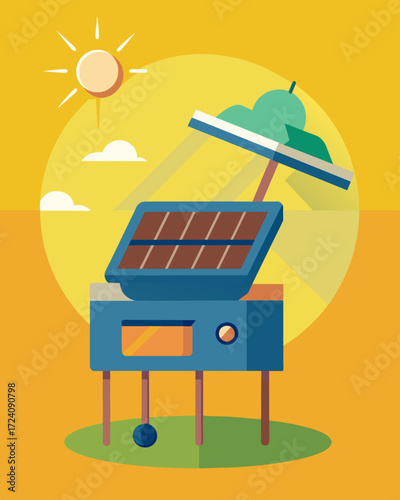 An ecofriendly alternative to traditional gas or charcoal grills this solarpowered electric grill emits no harmful emissions and requires no fuel other than the sun.. Vector illustration